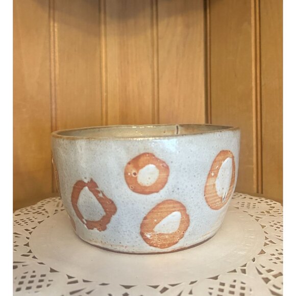 Studio Pottery Rustic Ceramic Bowl Gray Brown Abstract Circular Polka Dot Patter - Picture 7 of 7
